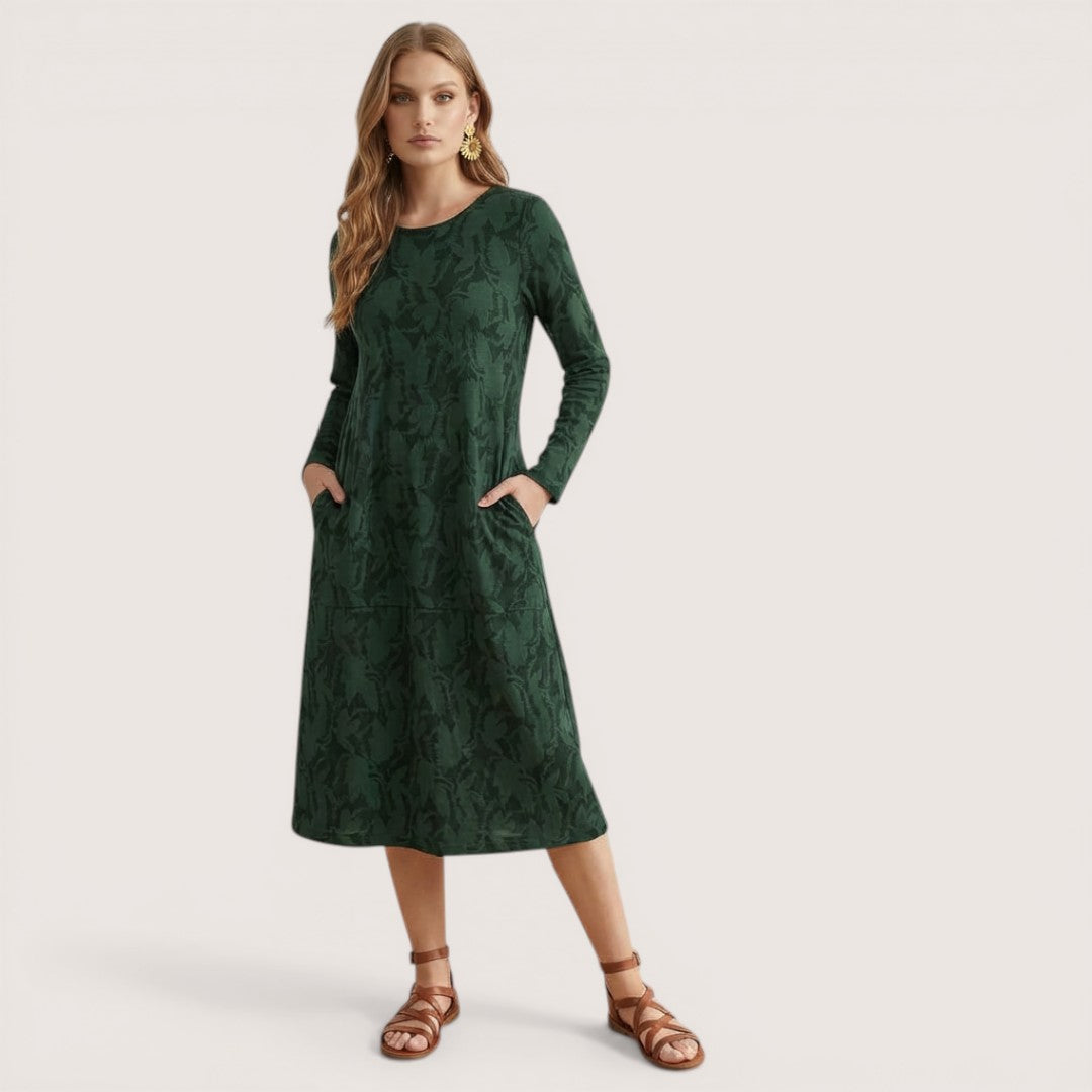 Mira | Women’s Long Sleeve Midi Dress with Leaf Print