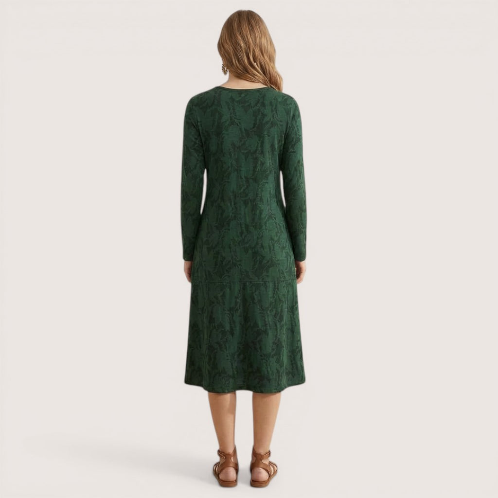 Mira | Women’s Long Sleeve Midi Dress with Leaf Print