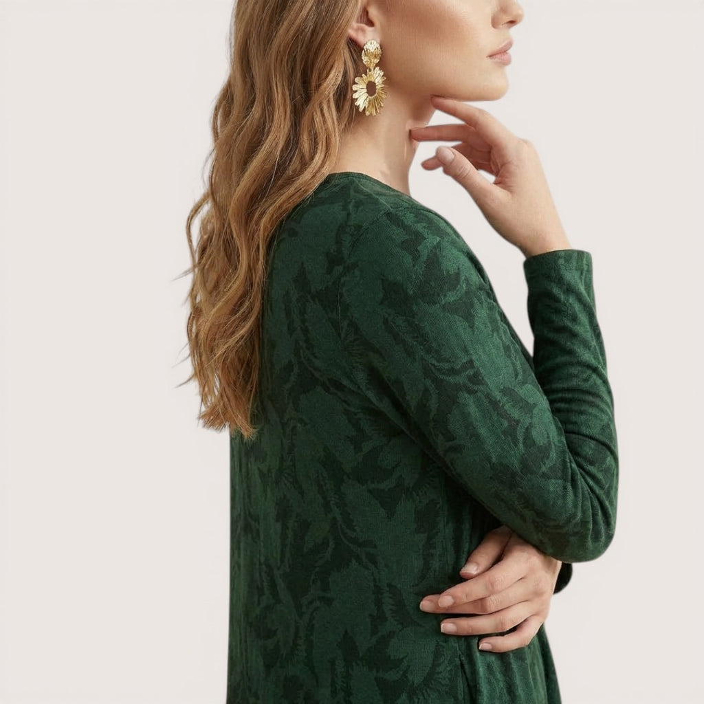 Mira | Women’s Long Sleeve Midi Dress with Leaf Print
