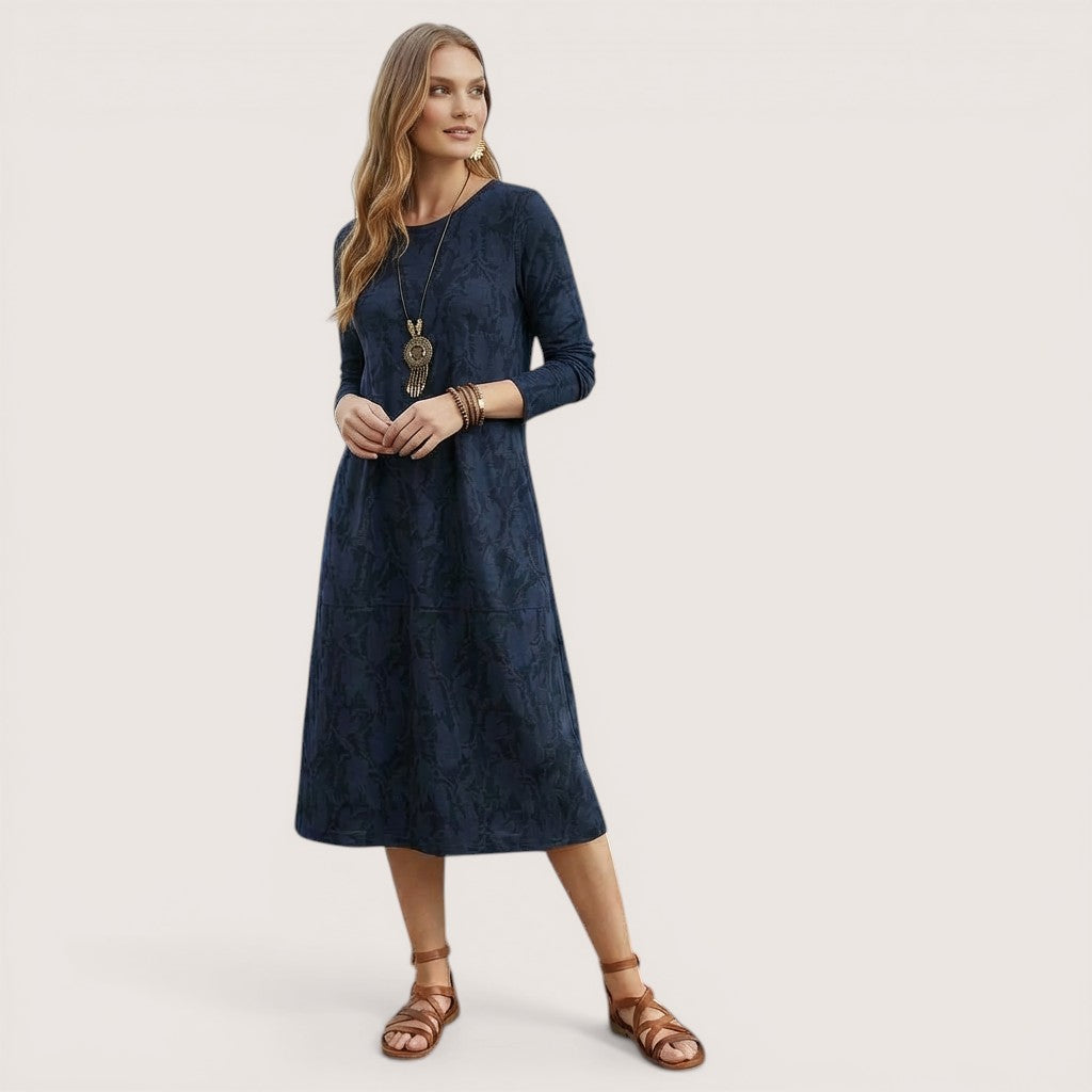 Mira | Women’s Long Sleeve Midi Dress with Leaf Print