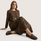 Mira | Women’s Long Sleeve Midi Dress with Leaf Print