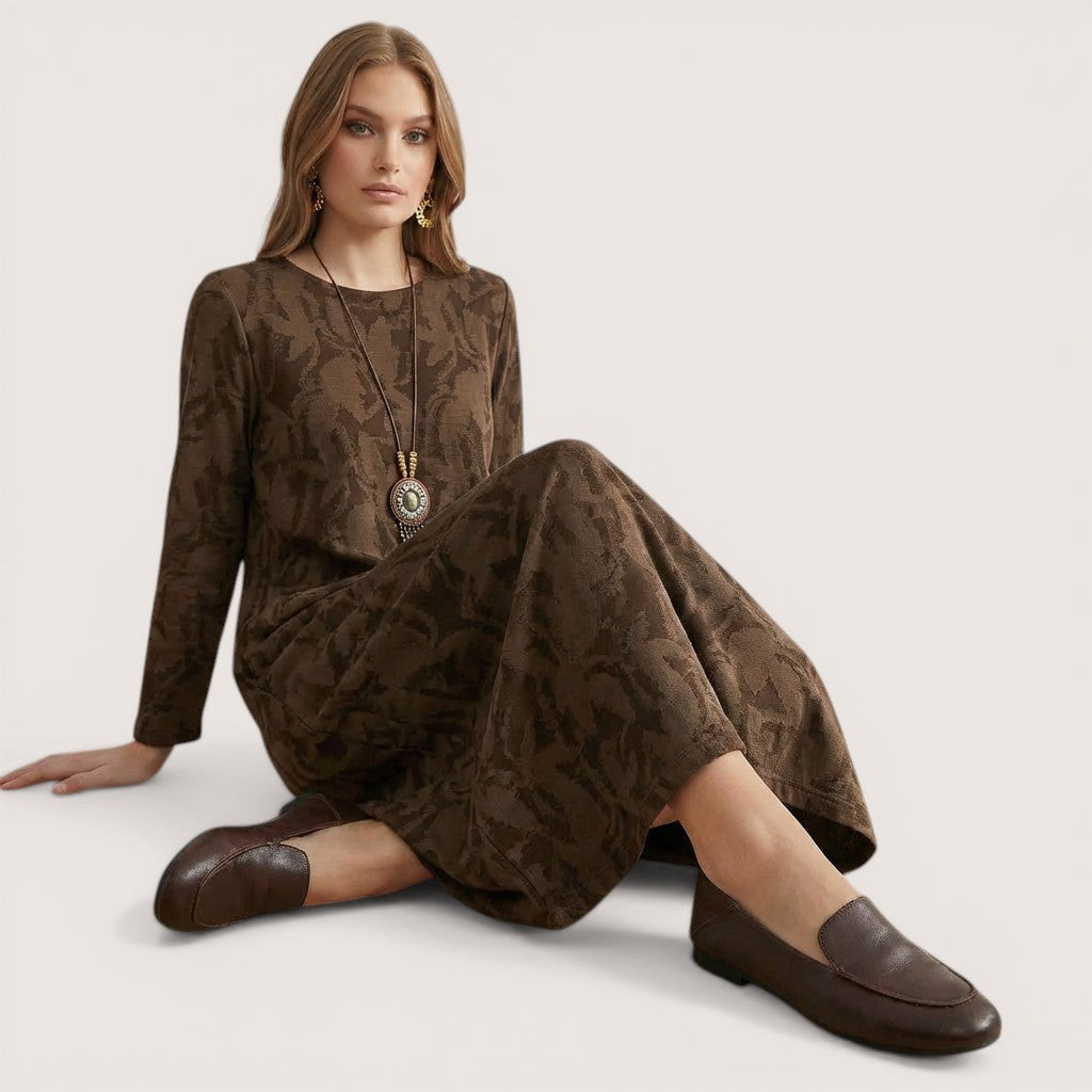 Mira | Women’s Long Sleeve Midi Dress with Leaf Print