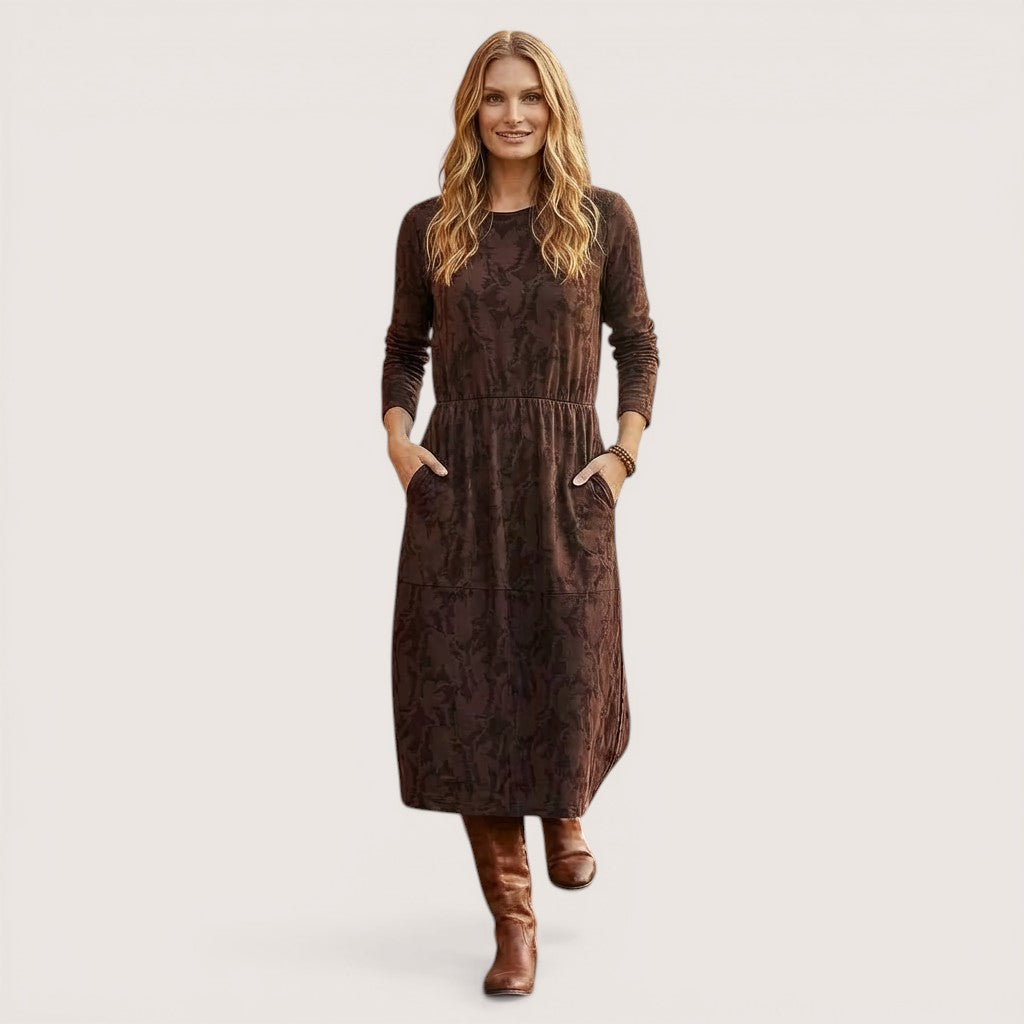 Mira | Women’s Long Sleeve Midi Dress with Leaf Print