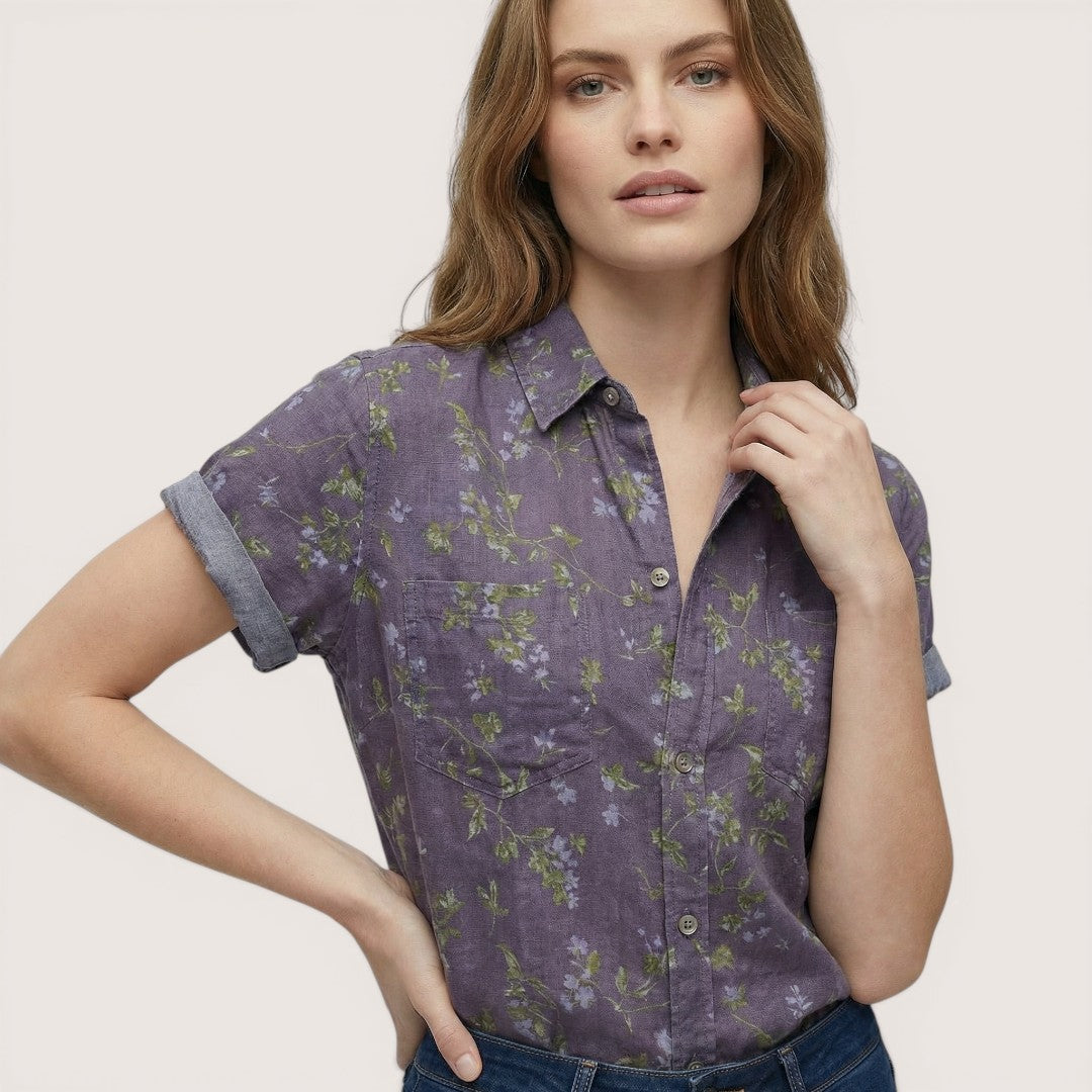 Elva | Women’s Short Sleeve Button-Up Blouse with Floral Print