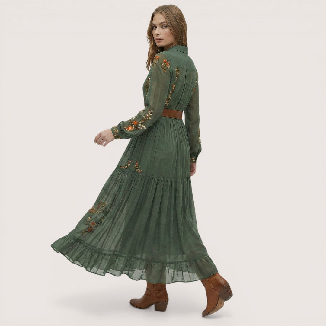 Alina | Women’s Maxi Dress with Floral Embroidery and Sheer Sleeves