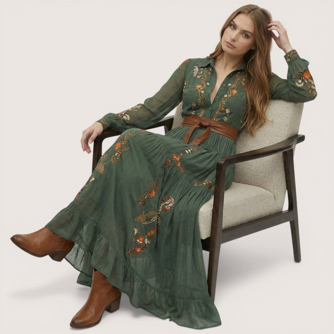 Alina | Women’s Maxi Dress with Floral Embroidery and Sheer Sleeves
