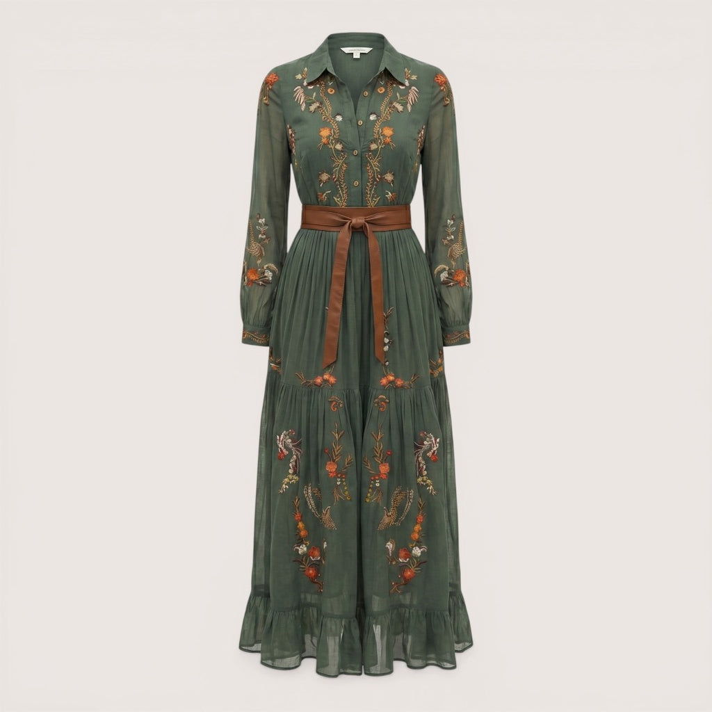 Alina | Women’s Maxi Dress with Floral Embroidery and Sheer Sleeves