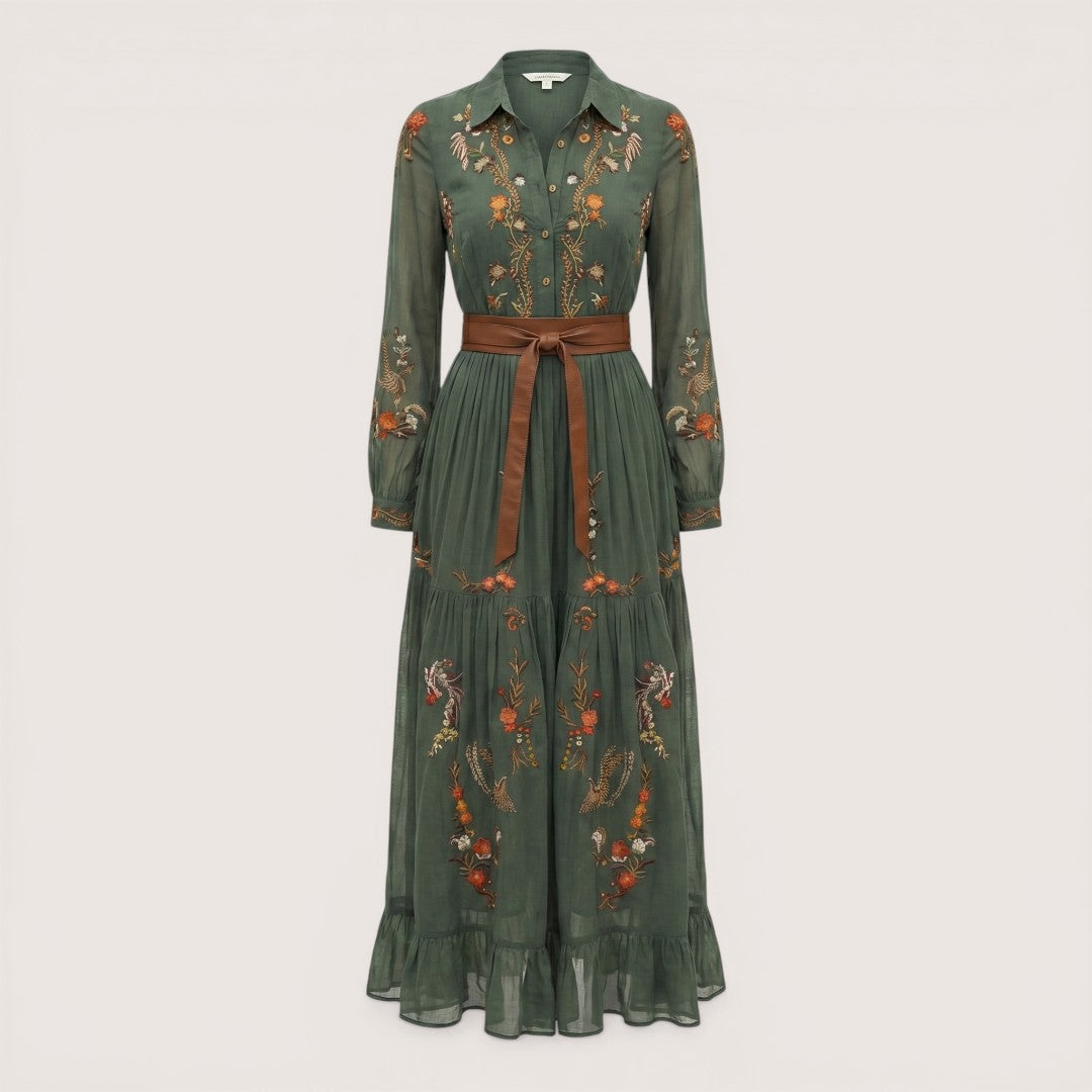 Alina | Women’s Maxi Dress with Floral Embroidery and Sheer Sleeves