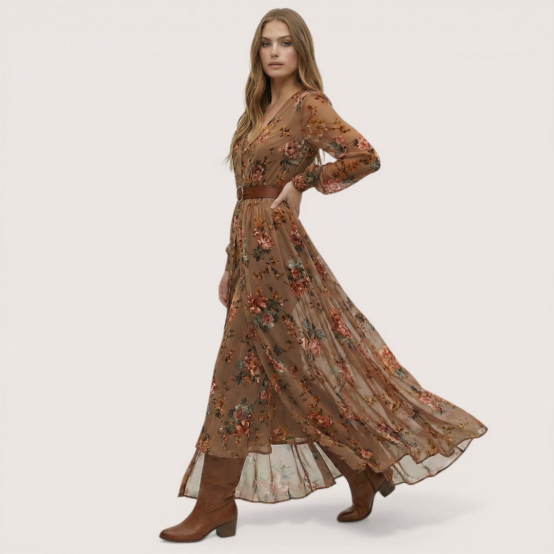 Alina | Women’s Maxi Dress with Floral Embroidery and Sheer Sleeves