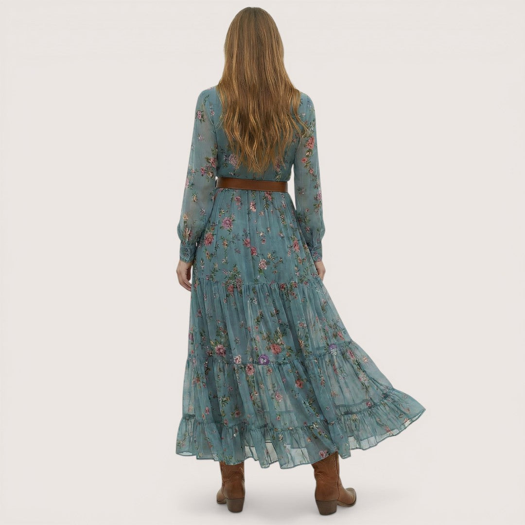 Alina | Women’s Maxi Dress with Floral Embroidery and Sheer Sleeves