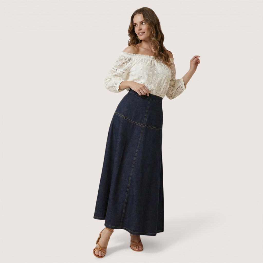 Elora | Women’s High-Waisted A-Line Denim Skirt with Pockets