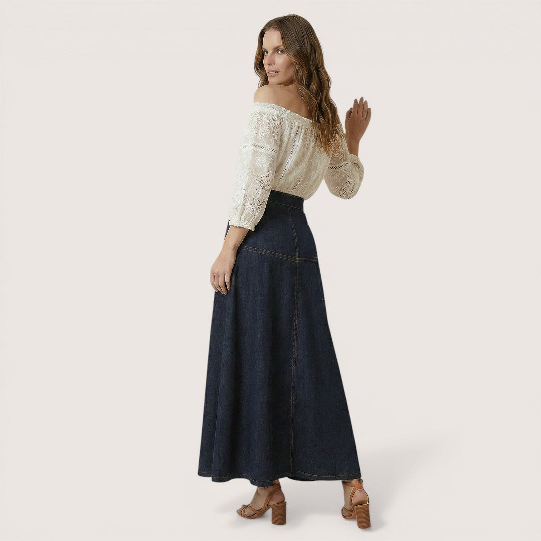 Elora | Women’s High-Waisted A-Line Denim Skirt with Pockets