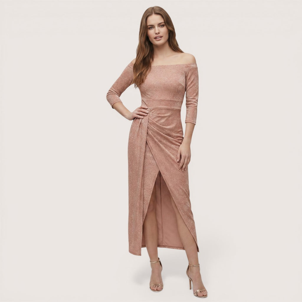 Selina | Women’s Off-Shoulder Midi Dress with Ruched Detail and Slit