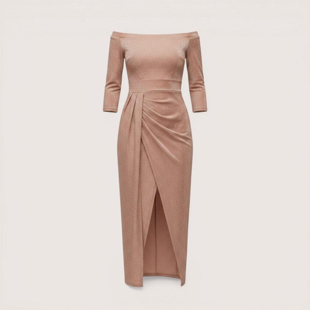 Selina | Women’s Off-Shoulder Midi Dress with Ruched Detail and Slit