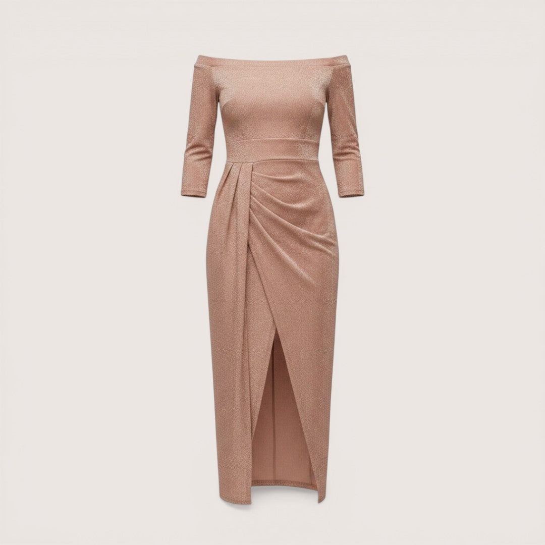 Selina | Women’s Off-Shoulder Midi Dress with Ruched Detail and Slit