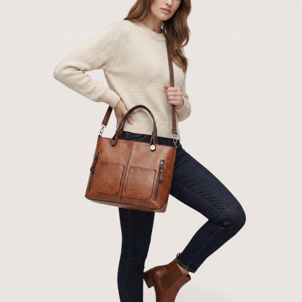 Elara | Women’s Leather Tote Handbag with Multi-Pocket Design