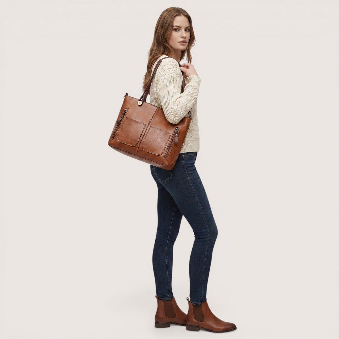 Elara | Women’s Leather Tote Handbag with Multi-Pocket Design
