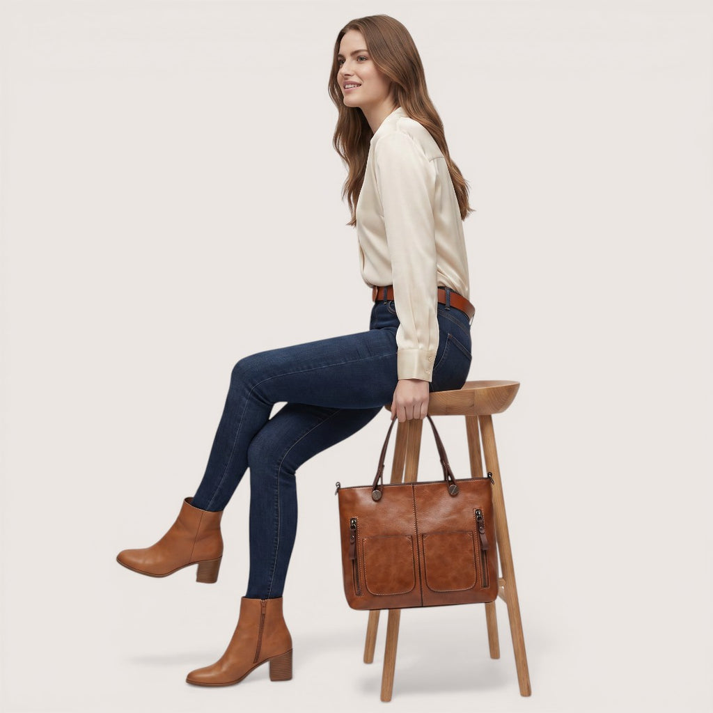 Elara | Women’s Leather Tote Handbag with Multi-Pocket Design