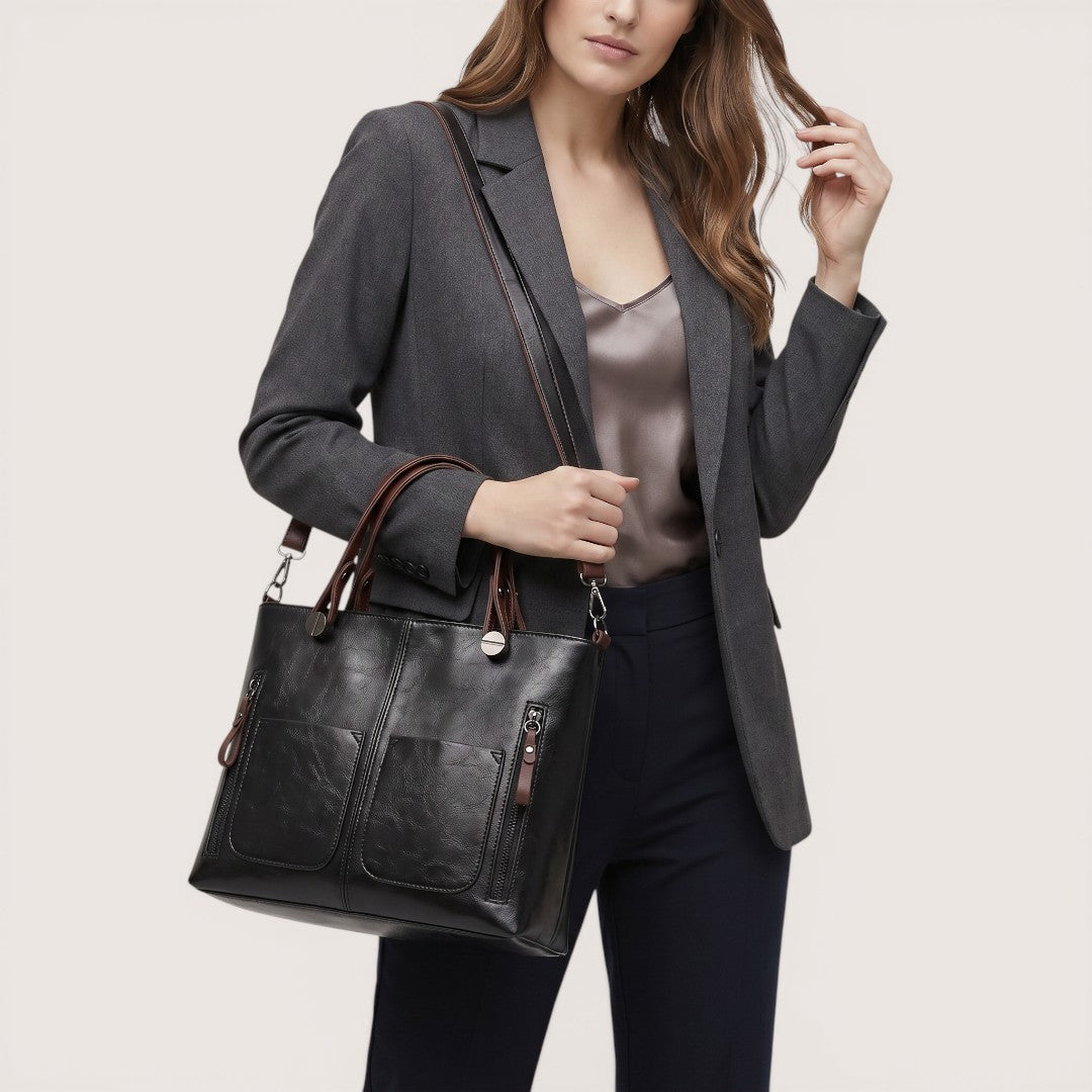 Elara | Women’s Leather Tote Handbag with Multi-Pocket Design