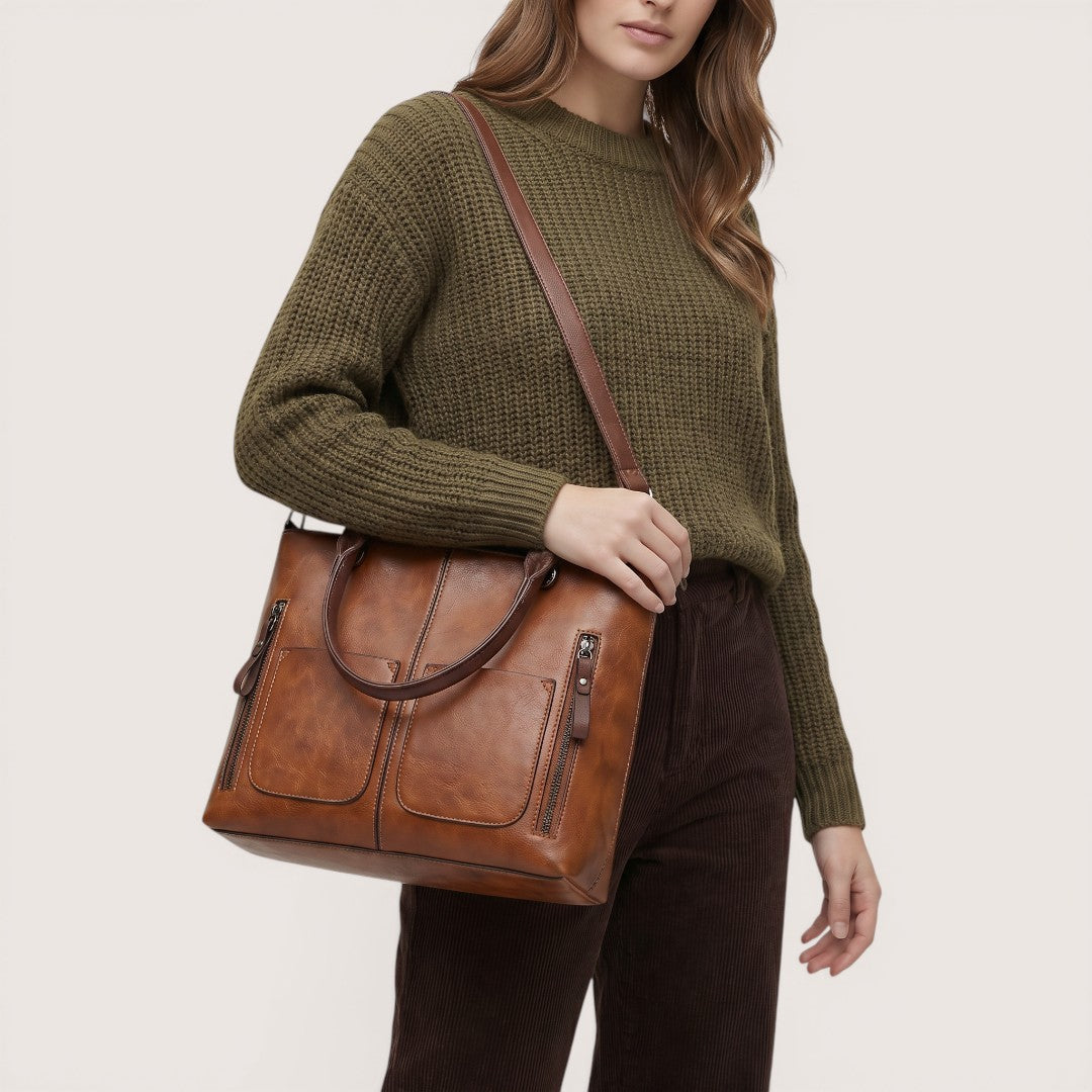Elara | Women’s Leather Tote Handbag with Multi-Pocket Design