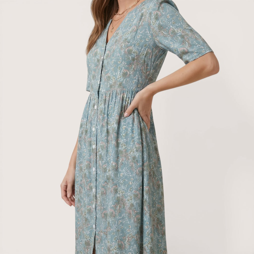 Elina | Women’s Floral Midi Dress with Button Front and Pockets