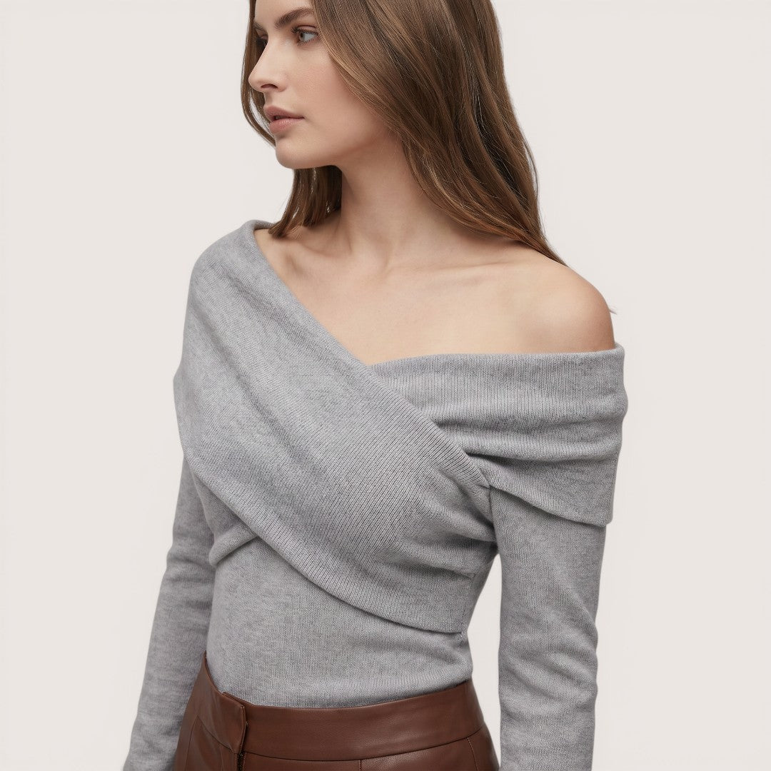Elowen | Women’s Off-Shoulder Wrap Knit Top with Long Sleeves