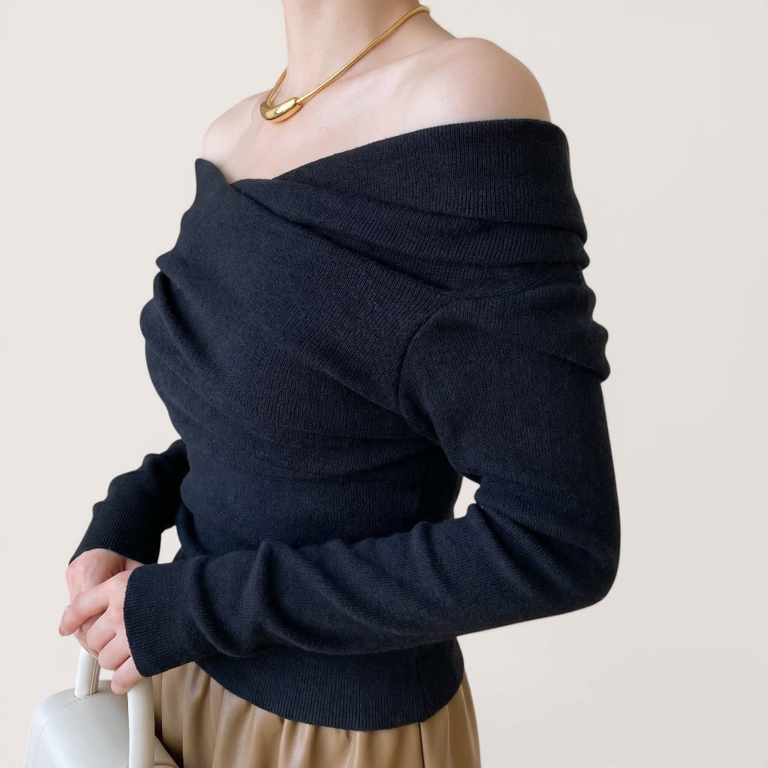 Elowen | Women’s Off-Shoulder Wrap Knit Top with Long Sleeves