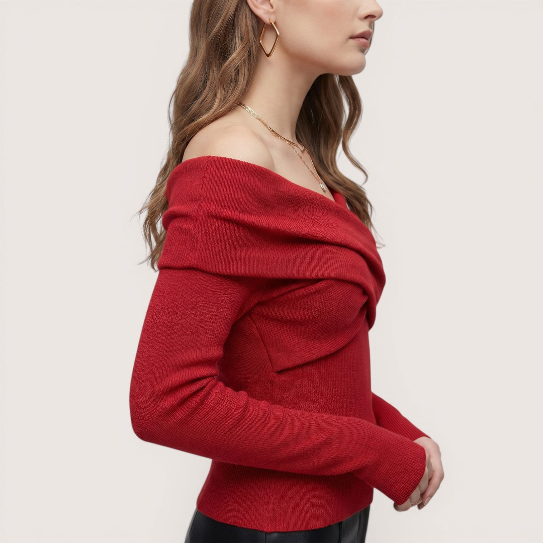 Elowen | Women’s Off-Shoulder Wrap Knit Top with Long Sleeves