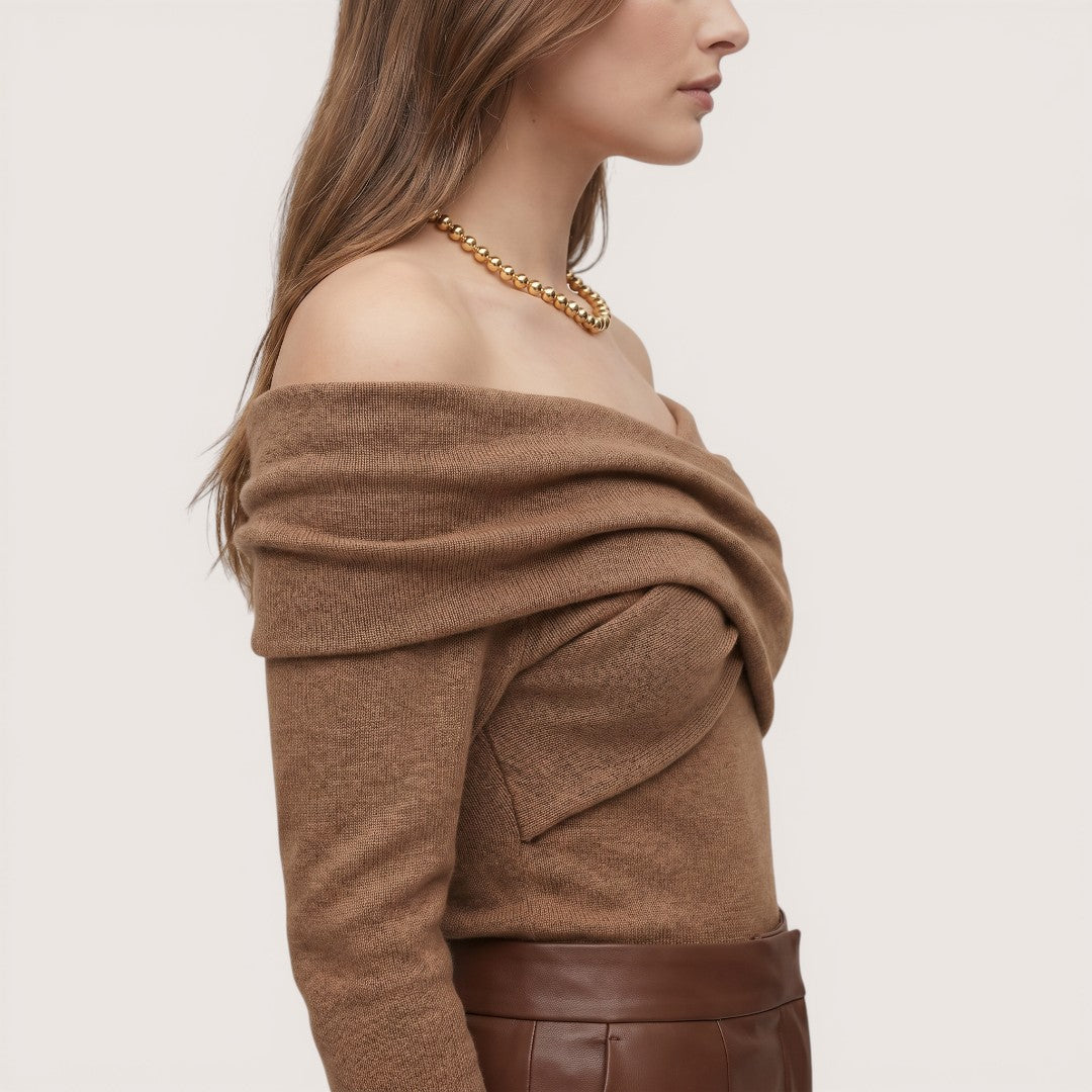 Elowen | Women’s Off-Shoulder Wrap Knit Top with Long Sleeves