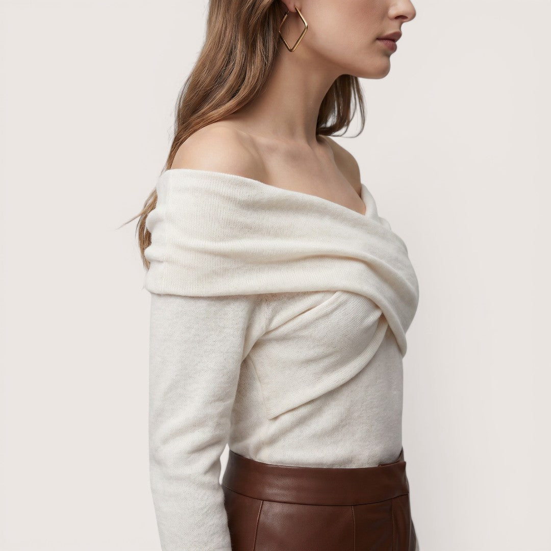 Elowen | Women’s Off-Shoulder Wrap Knit Top with Long Sleeves
