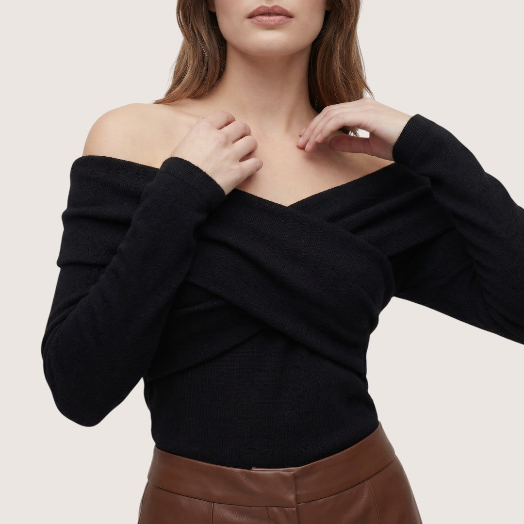 Elowen | Women’s Off-Shoulder Wrap Knit Top with Long Sleeves