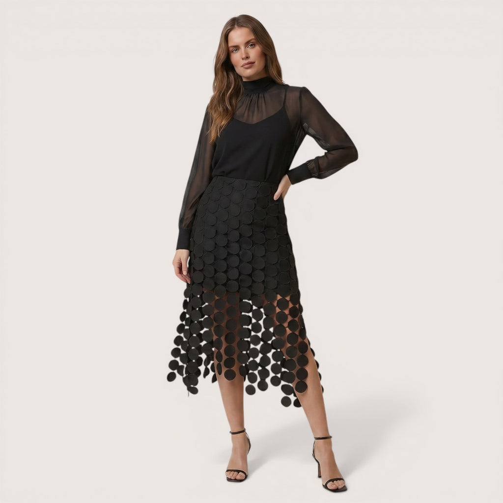 Virelle | Women’s Laser-Cut Midi Skirt with Circular Overlay