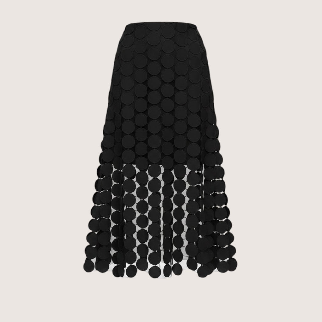 Virelle | Women’s Laser-Cut Midi Skirt with Circular Overlay