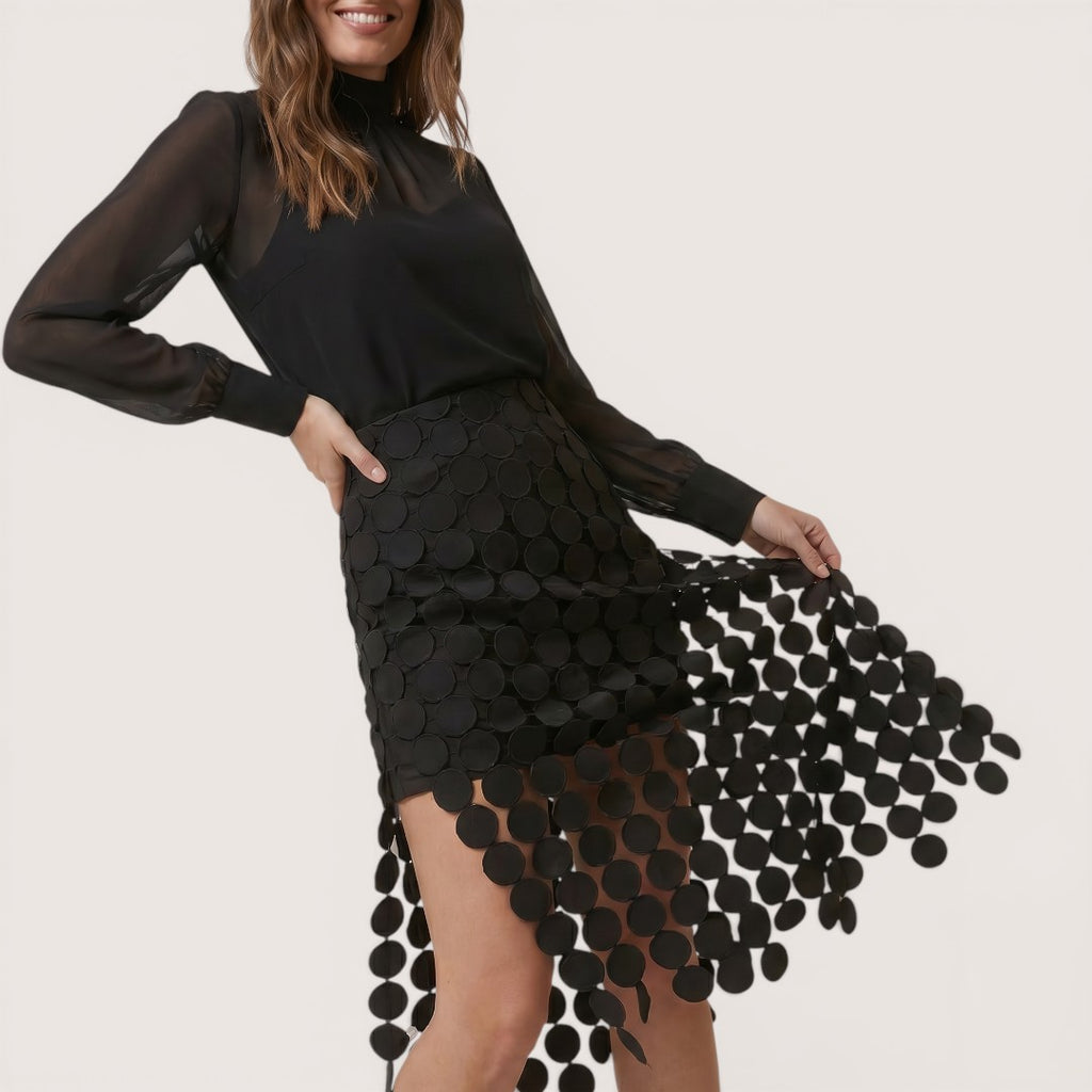 Virelle | Women’s Laser-Cut Midi Skirt with Circular Overlay