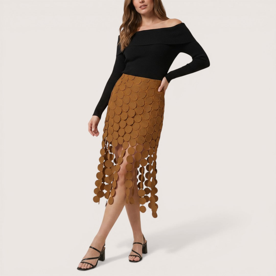 Virelle | Women’s Laser-Cut Midi Skirt with Circular Overlay