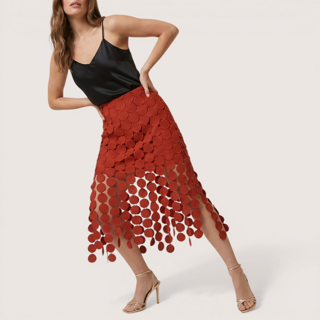 Virelle | Women’s Laser-Cut Midi Skirt with Circular Overlay