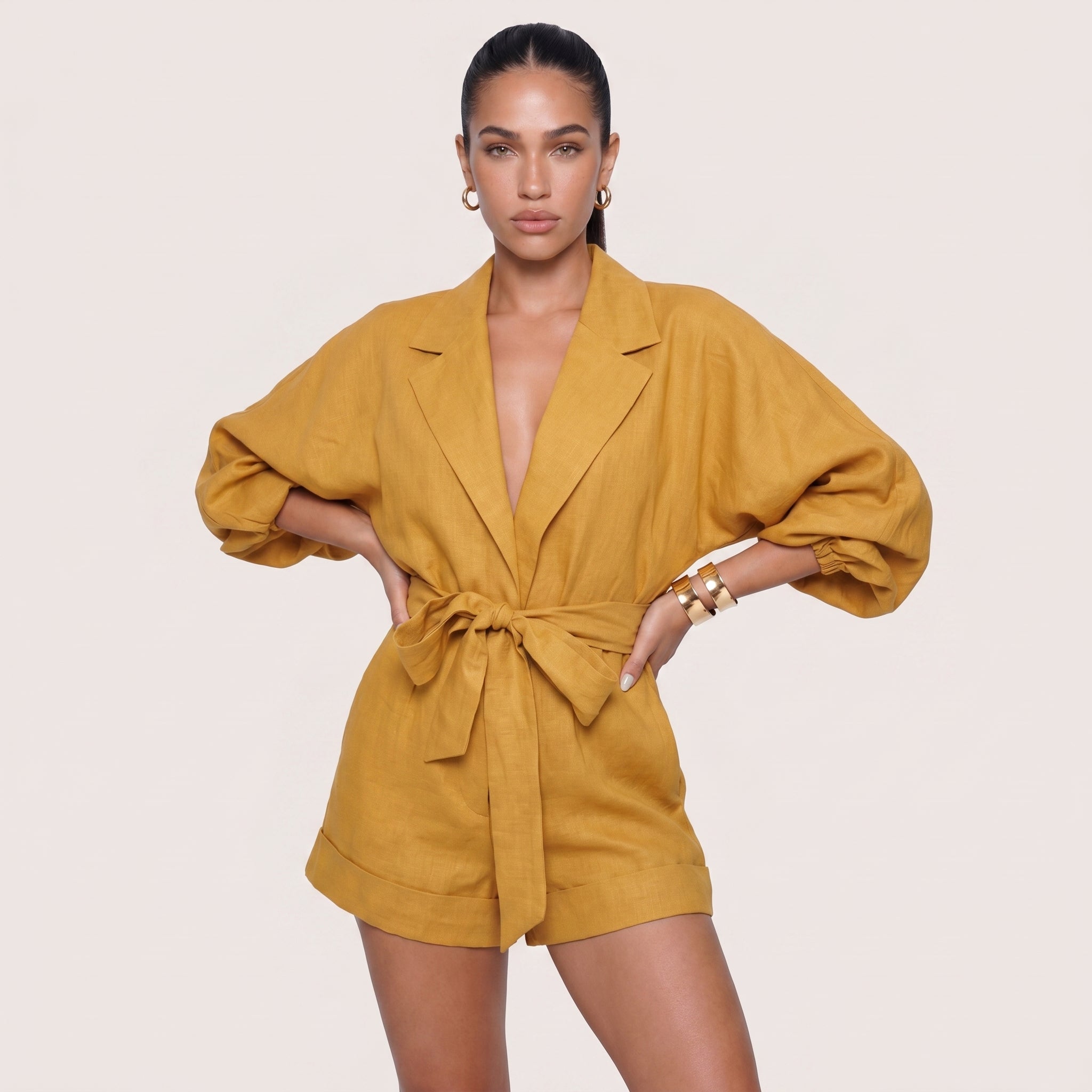 Solene | Women’s Belted Linen-Style Playsuit with Long Sleeves