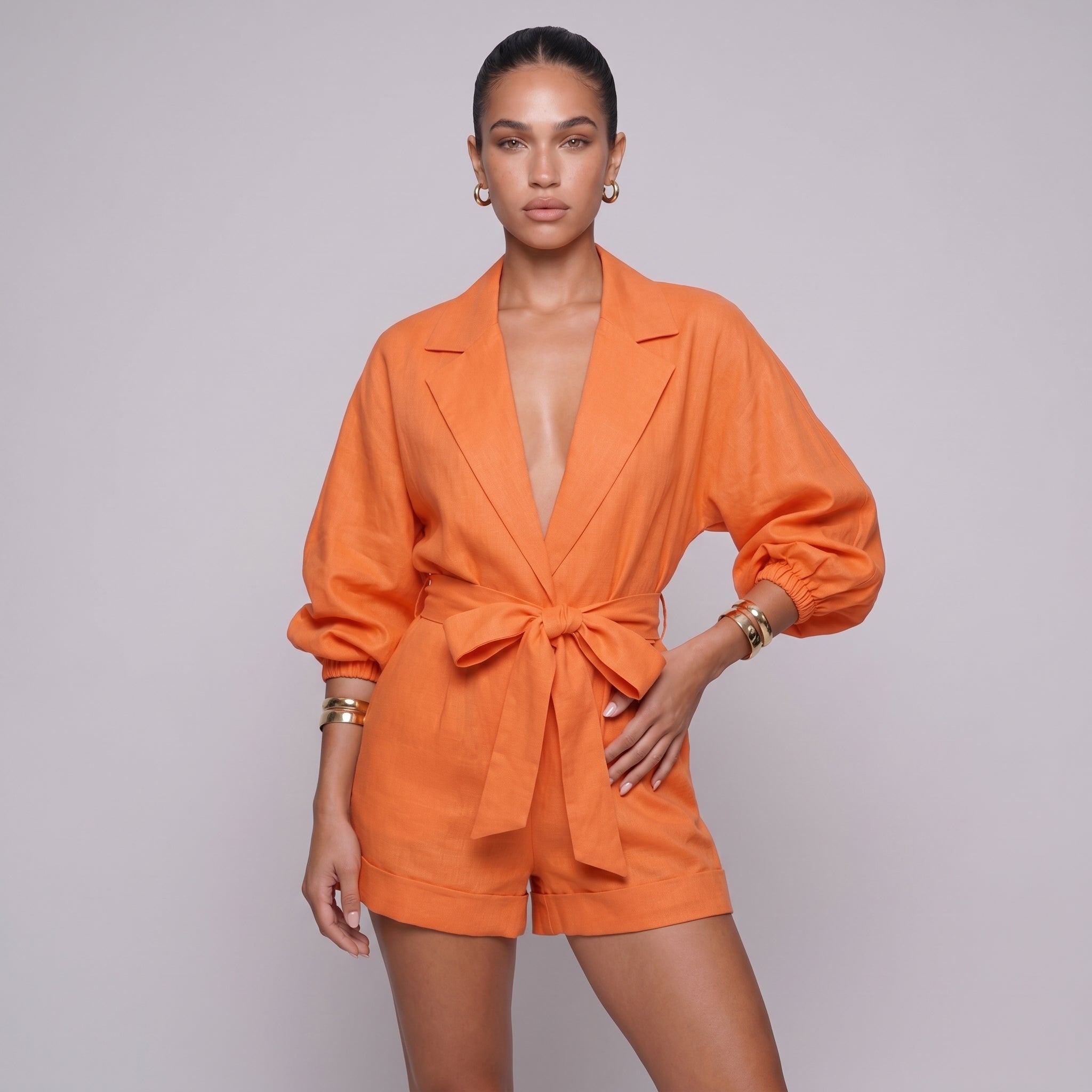 Solene | Women’s Belted Linen-Style Playsuit with Long Sleeves
