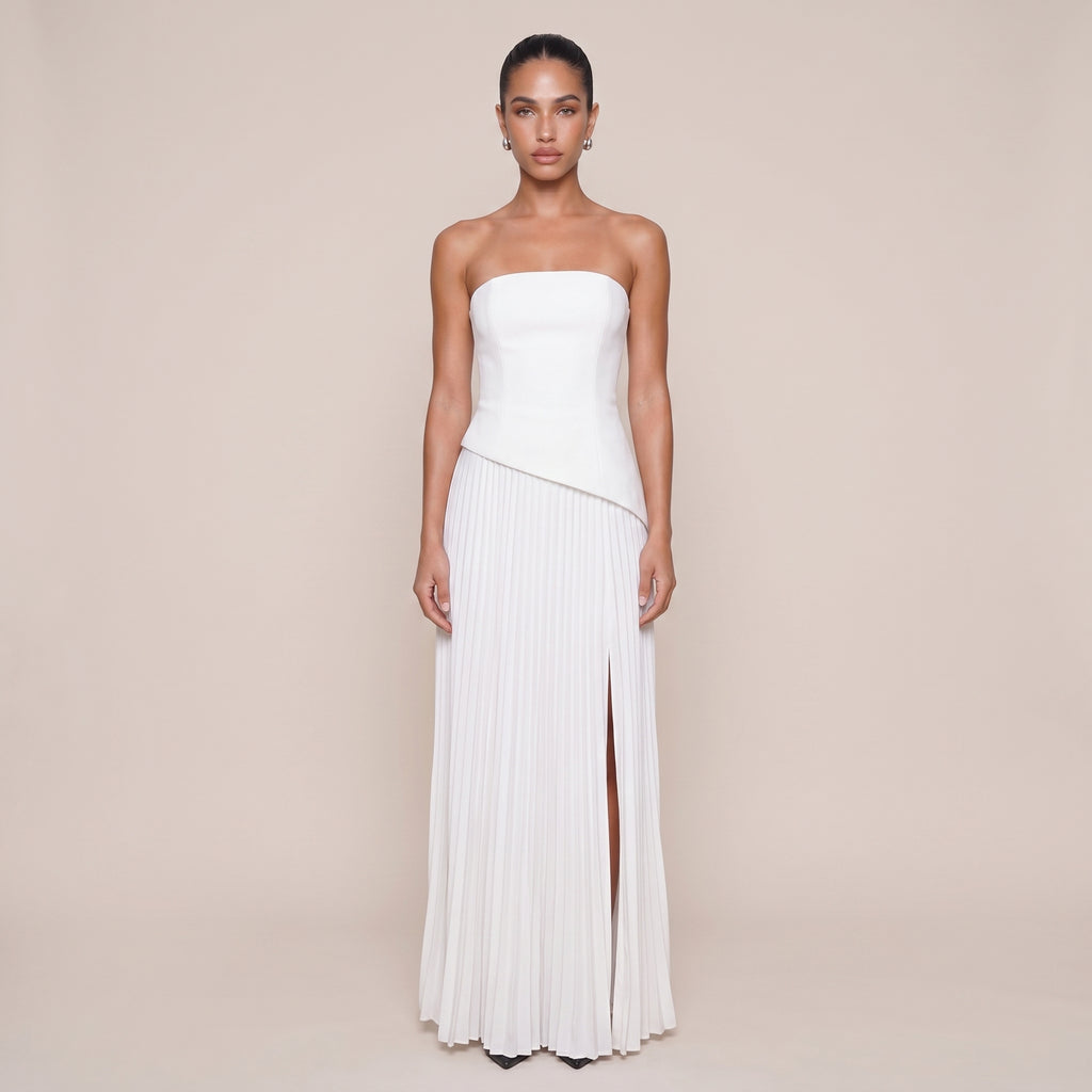 Serene | Women’s Strapless Pleated Midi Dress with Side Slit