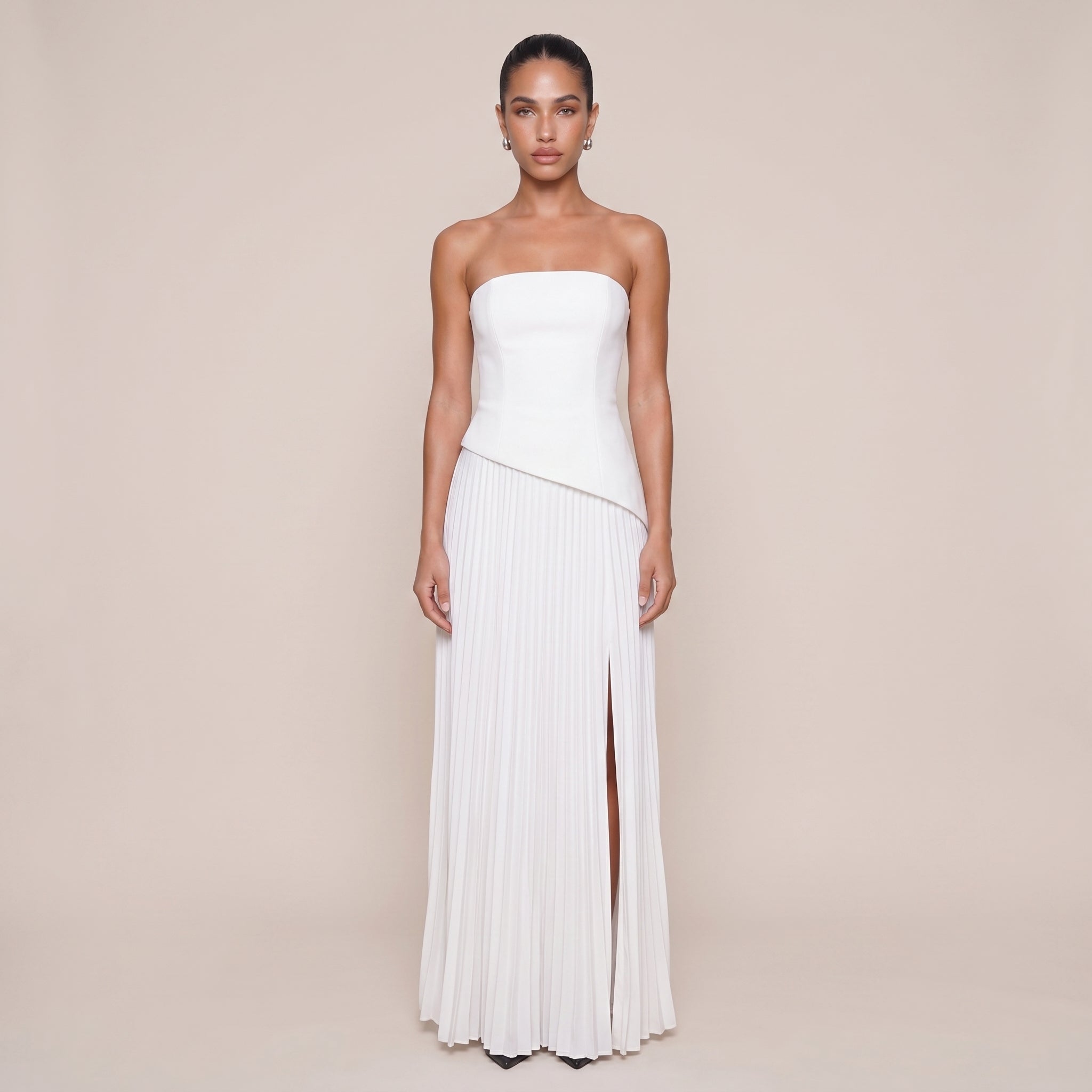 Serene | Women’s Strapless Pleated Midi Dress with Side Slit