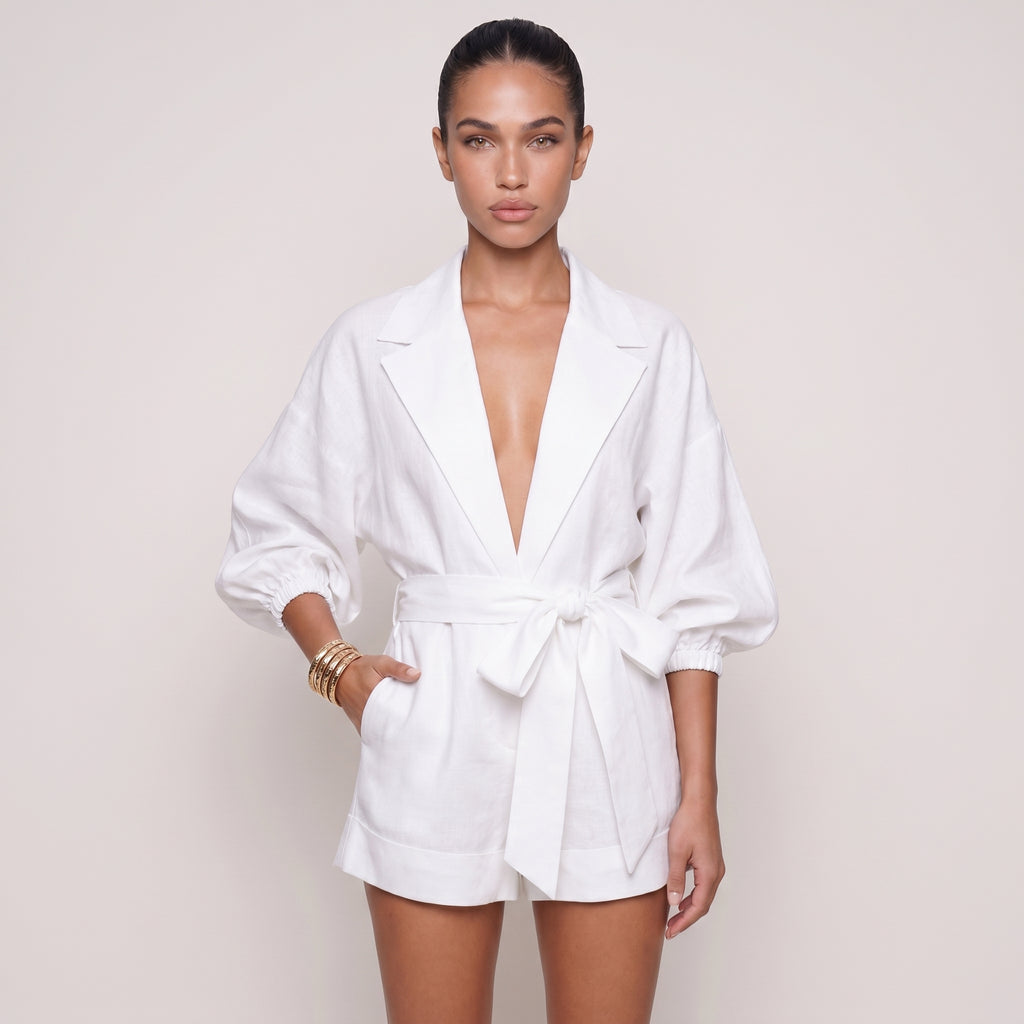 Solene | Women’s Belted Linen-Style Playsuit with Long Sleeves