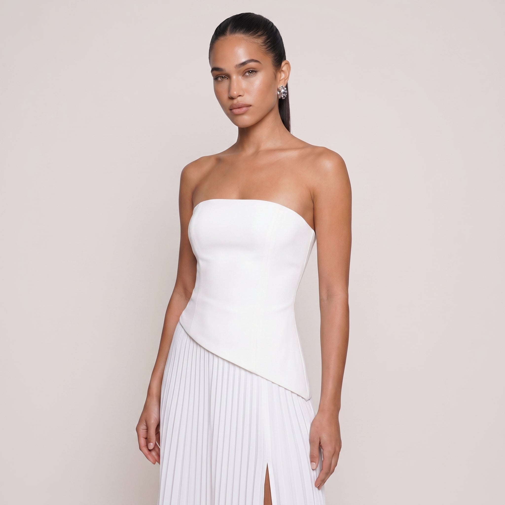 Serene | Women’s Strapless Pleated Midi Dress with Side Slit