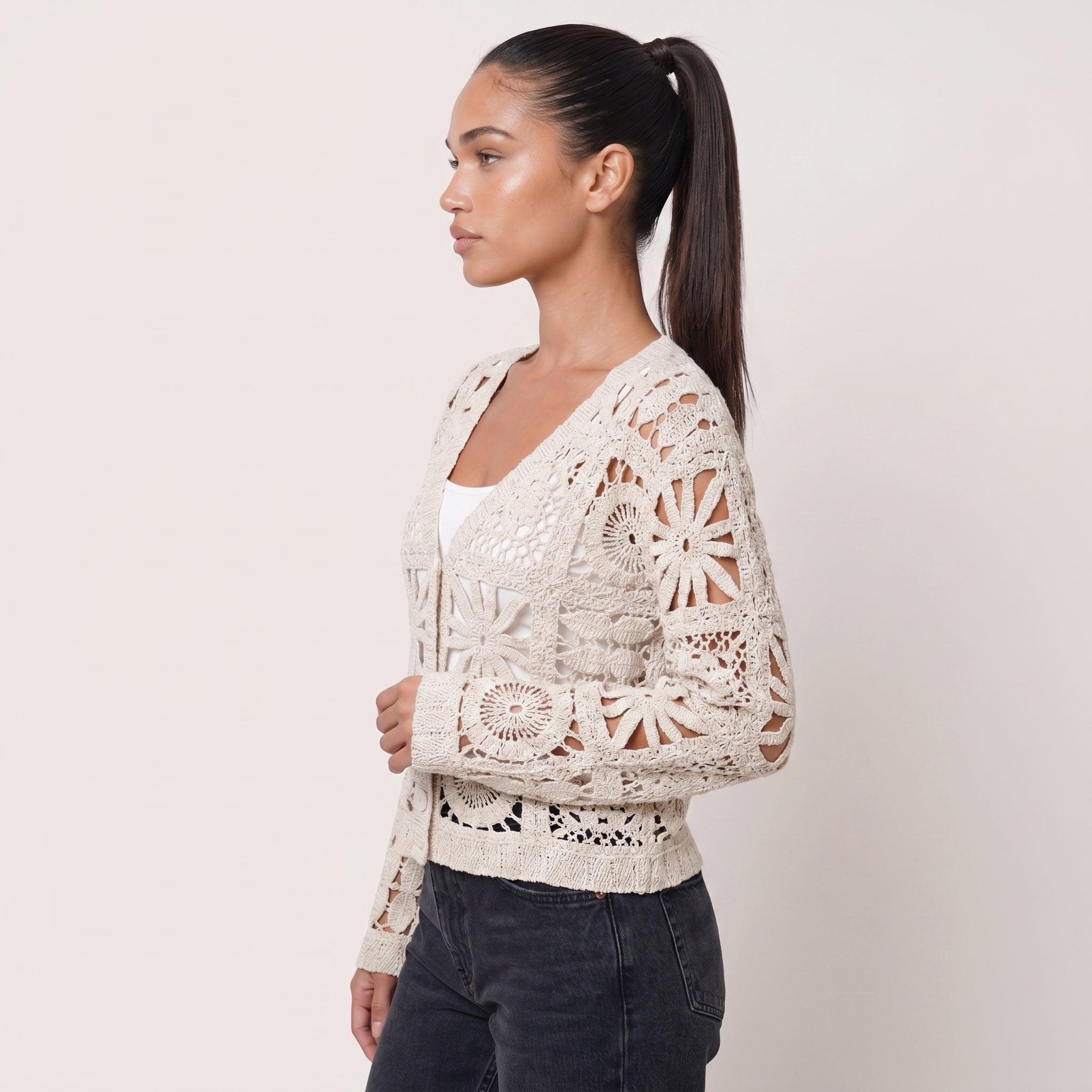 Elora | Women’s Crochet Knit Cardigan with Button Front